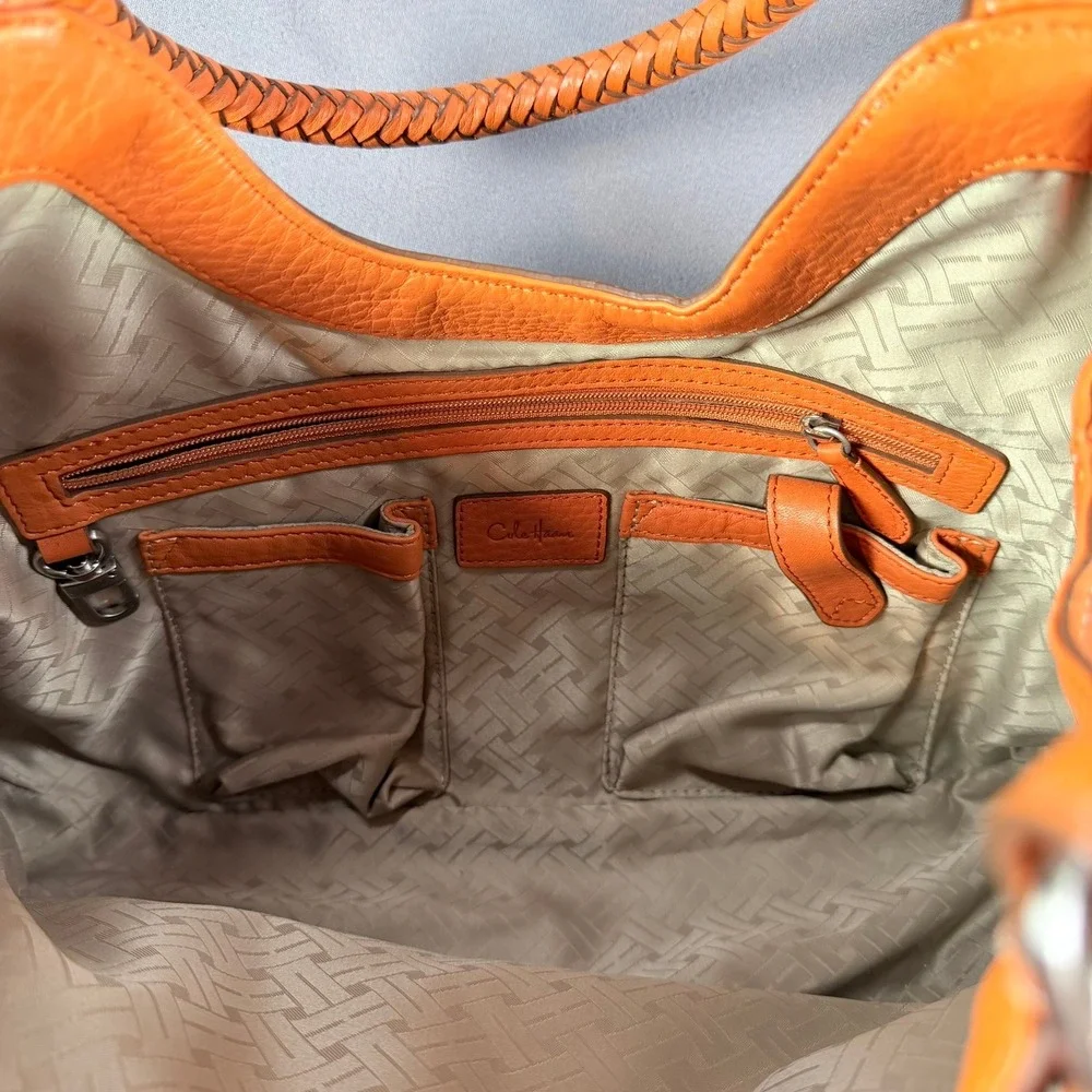 Cole Haan Genevieve Hobo Bag Canvas‎ Leather Orange Tan Large Braided Silver HW